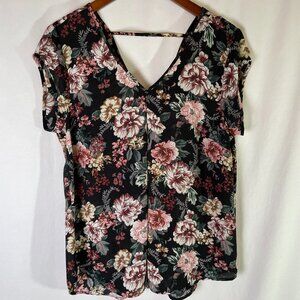 Halogen Black Floral Short/Cap Sleeve Top, Size M